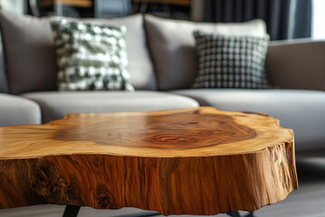 Rustic wood table slice texture detail dominates modern livingroom interior, beautifully contrasting white couch and patterned pillows, defining natural scandinavian style.