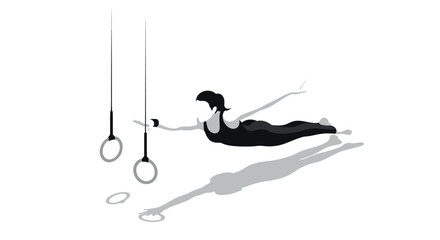 Dynamic aerial acrobat performing with gymnastic rings in silhouette style