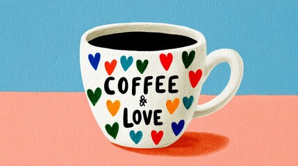 Colorful ceramic coffee cup with hearts and the words coffee and love, placed on a pastel surface, showcasing a cheerful and inviting beverage concept for cozy moments