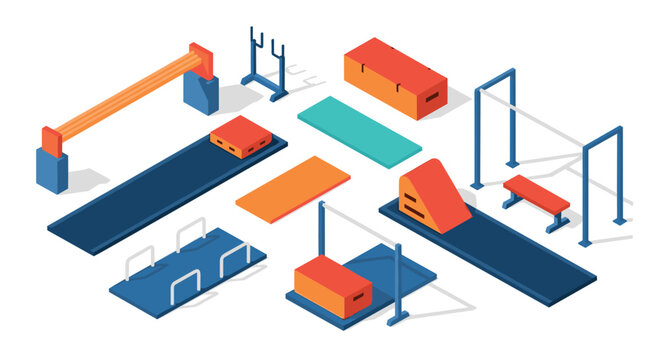 Colorful isometric gym equipment set for outdoor fitness and training concepts
