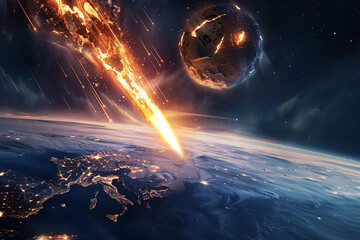 This image showcases intense cosmic disaster. Burning asteroid is diving towards planet Earth. Ideal for depicting end times,