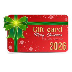 Christmas gift card design.A red gift card with a green bow and ribbons. Vector template for registration of invitations and credit or discount cards. Isolated from the background.