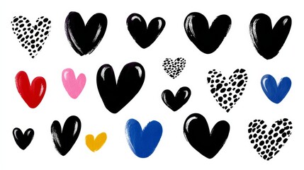 Colorful heart illustrations in various styles and sizes, featuring solid colors, polka dots, and brush strokes, perfect for expressing love and affection in design projects