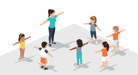 Children practicing gymnastics with instructor in isometric style