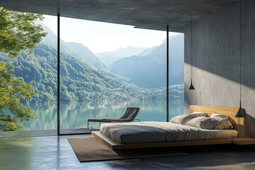 Contemporary loft interior features expansive panoramic windows, merging industrial design with stunning natural landscape. This stylish loft offers an inspiring and calming escape.