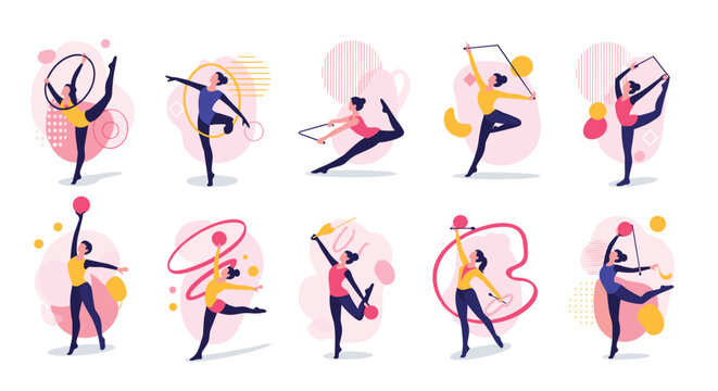 Dynamic female rhythmic gymnastics poses with abstract background elements