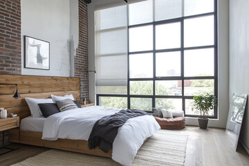 Industrial style bedroom showcases a prominent wooden headboard against a brick backdrop. This bright, spacious loft invites comfort with ample natural light.