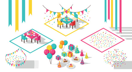Isometric celebration setup with tables, gifts, balloons, and decorations in bright colors