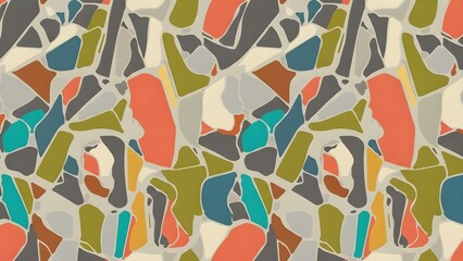 Vibrant abstract pattern with irregular interlocking shapes resembling a modern terrazzo or mosaic.