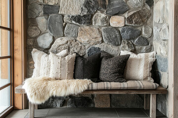 Rustic bench, cozy atmosphere and stone wall, the best natural decor. Warm details of interior for simple, cozy design.