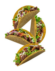 Colorful Taco Compositions with Fresh Ingredients Featuring Beef and Vegetables on a Transparent Background