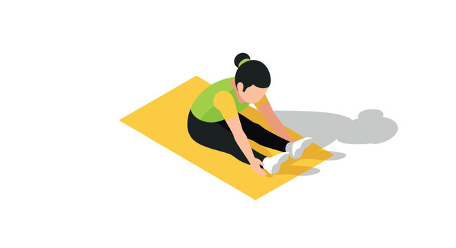 Isometric woman stretching on yoga mat in colorful workout attire