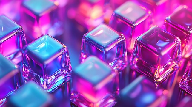 Vibrant Holographic Glass Cubes Reflecting Neon Pink and Blue Light