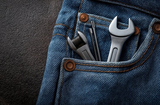 Close-up of a mechanic's jeans pocket with tools and wrenches arranged on dark surface, celebrating mechanics day with copy space for text or logo design.