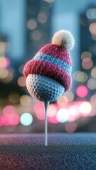 Festive golf concept featuring a golf ball wearing a Santa hat