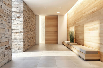 Elegant minimalist interior features a stone wall and modern wooden door. This contemporary design creates a welcoming and clean pathway.