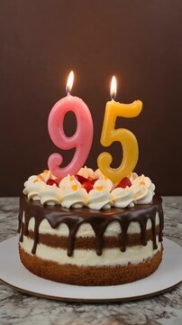 Decorated cake with candle in number 95. Video for birthday or anniversary party and celebration