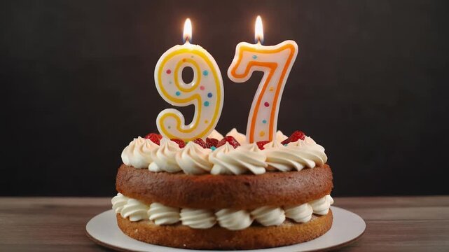 Decorated cake with candle in number 97. Video for birthday or anniversary party and celebration