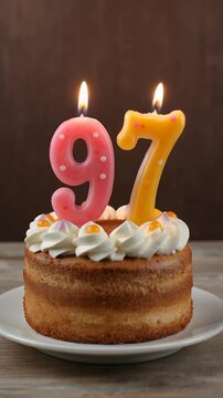 Decorated cake with candle in number 97. Video for birthday or anniversary party and celebration