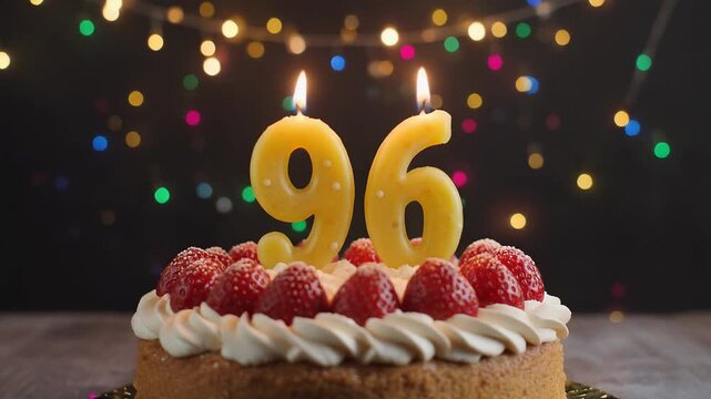 Decorated cake with candle in number 96. Video for birthday or anniversary party and celebration