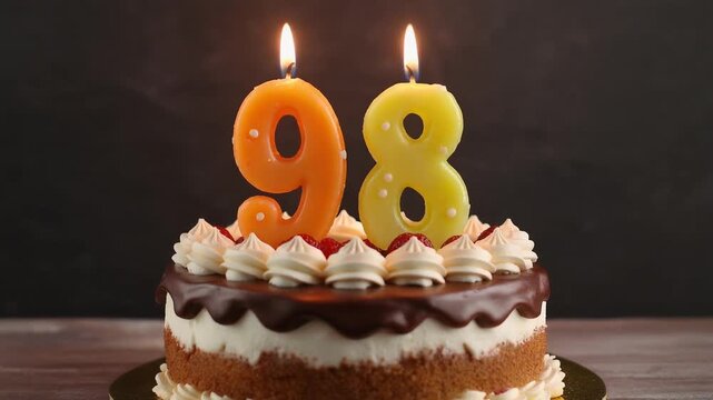 Decorated cake with candle in number 98. Video for birthday or anniversary party and celebration