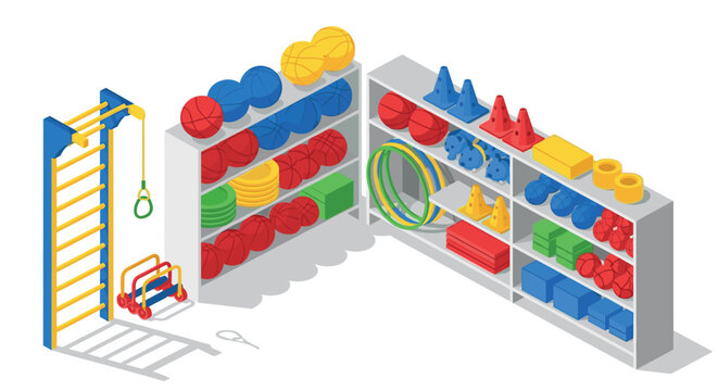 Colorful sports equipment in an isometric school gym storage room