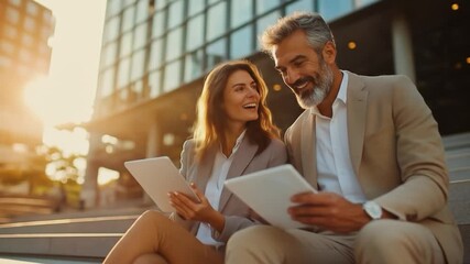 A smiling woman and a man look at tablet devices outside a modern building at sunset