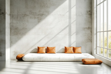 Modern living room features a stunning concrete wall, comfortable white sofa, bright light and accent orange cushions, with modern decor inspiration.