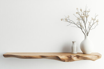 Minimalist decor features a rustic wood shelf, beautiful vase with branch, set against empty white background, perfect for clean home design mockups.