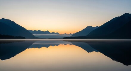 Obraz premium Serene mountain lake reflecting the sky at dawn, a tranquil landscape.
