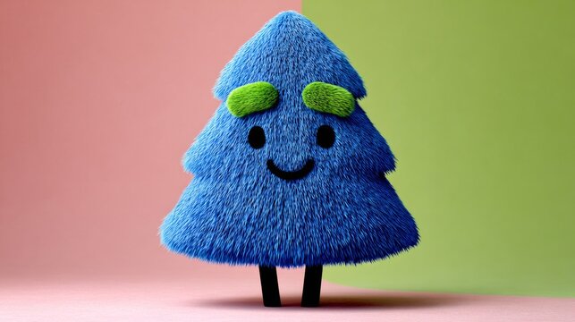 Cute blue tree character with a smiling face, featuring green eyebrows, stands on a pink and green background, showcasing playful design and vibrant colors in a whimsical illustration - Powered by Adobe