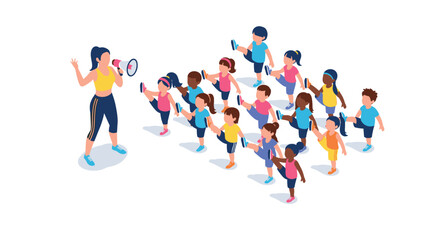 Group fitness class for children with instructor using megaphone in isometric style