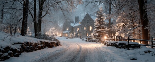 Fototapeta premium Snowy pathway leads to cozy house, softly illuminated by warm li