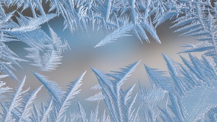 Close-up of delicate frost patterns on a window glass, resembling feathers or fern leaves. Ice crystals form naturally, highlighting frost, icy patterns, and winter cold