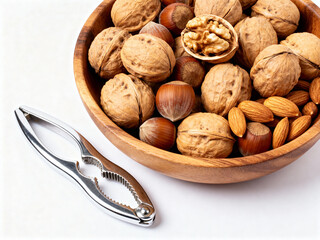 Metal Nutcracker Tool and Wooden Bowl of Mixed Nuts in Shell Isolated