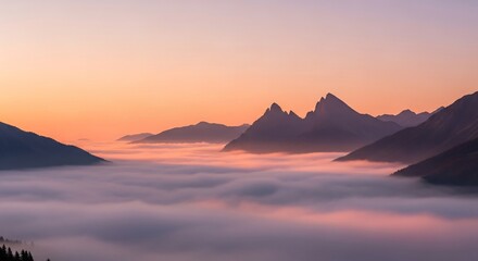 Serene Mountain Landscape at Sunrise with Fog-Filled Valley.