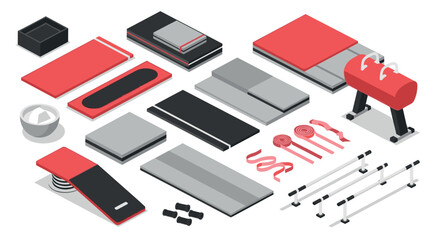 Modern isometric barbecue accessories and grilling tools set in red and gray