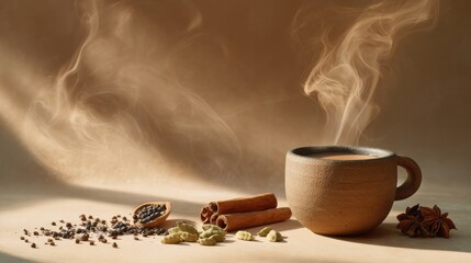 Steaming cup of chai tea with cardamom, cinnamon and peppercorns on the side.