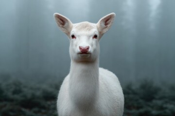 Fototapeta premium Snowy white deer stands majestically in misty forest, embodying
