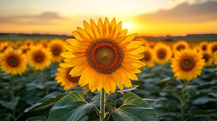 Bright sunflowers bloom under a sunset sky in a vibrant field during a warm evening