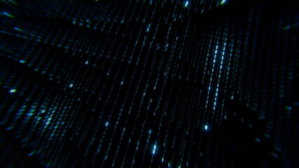 Lights and lines fill the dark space, creating a visual representation of binary code flowing through an abstract digital landscape. scene suggests motion and technology. 3d render