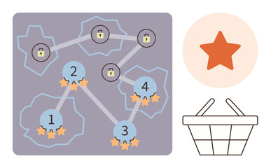 Map with numbered stages, stars, and locks representing progress and rewards. Orange star signifies recognition basket suggests collection or completion. Ideal for games, strategy, goals, journey