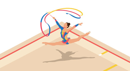 Dynamic rhythmic gymnastics performance with colorful ribbon in motion