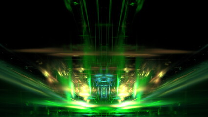 Bright green light trails swirl and pulse in a digital setting, creating a vibrant and energetic atmosphere that feels futuristic and captivating, suggesting movement and depth. 3d render