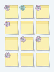 Collection of pastel yellow memo notes with decorative floral elements