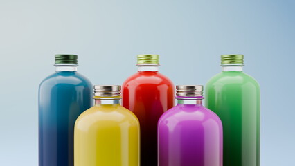 Five bottles filled with bright, colorful drinks stand together against a soft backdrop. Each bottle showcases a distinct hue, from deep blue to bright yellow. 3d render
