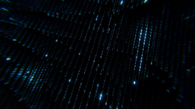 Lights and lines fill the dark space, creating a visual representation of binary code flowing through an abstract digital landscape. scene suggests motion and technology. 3d render