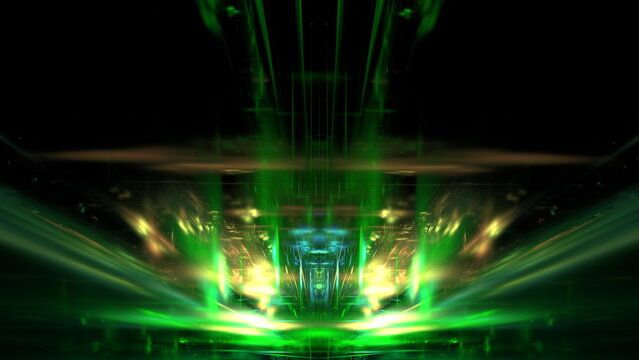 Bright green light trails swirl and pulse in a digital setting, creating a vibrant and energetic atmosphere that feels futuristic and captivating, suggesting movement and depth. 3d render
