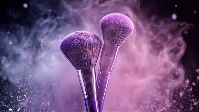 Purple makeup brushes in a cloud of shimmering powder