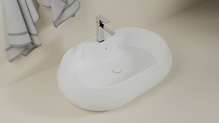 sleek oval sink features a shiny modern faucet set against a soft neutral backdrop. Fresh towels...
